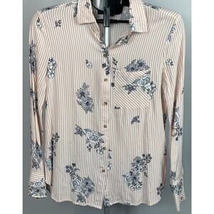 Polly & Esther Women's Long Sleeve Medium Button-Down Striped Floral Blouse